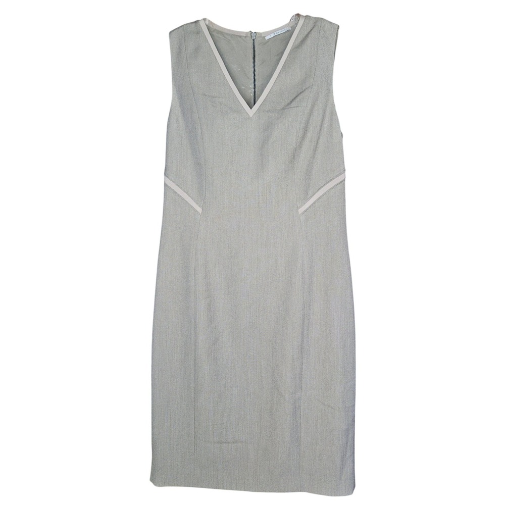 T Tahari Womens Beige V-Neck Sleeveless Sheath Dress Workwear Size 8 Textured